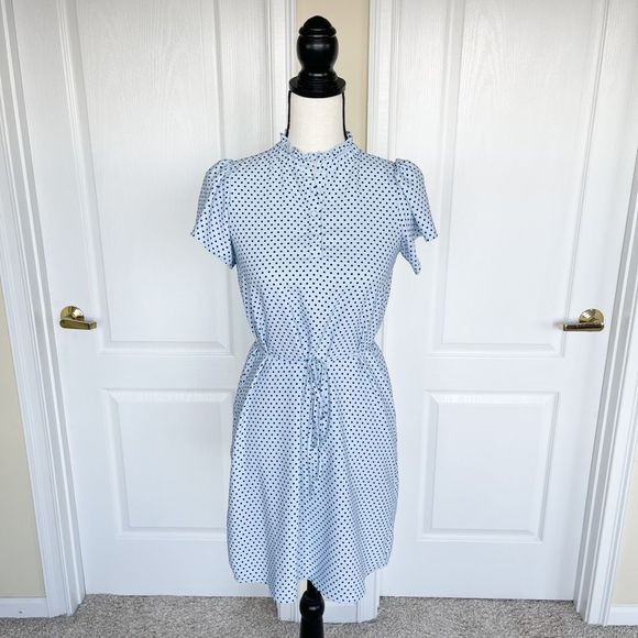 Ann Taylor Size XXSP Black Baby Blue Pokadot Contrast Ruffled Collared Buttoned - Picture 1 of 13